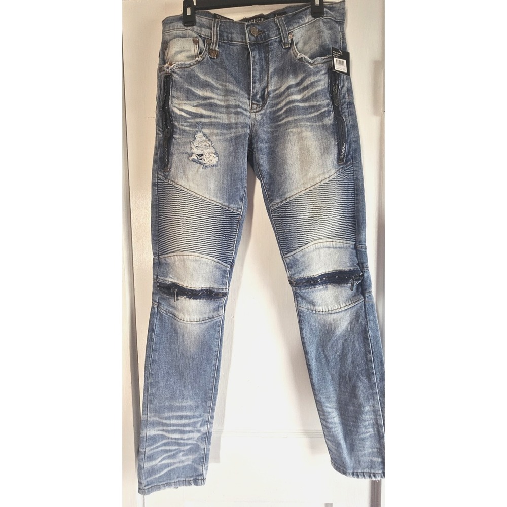 NWT COTE DE NUITS GUERREβ ETPAIZ Mens 32w 32L distressed biker zipped jeans